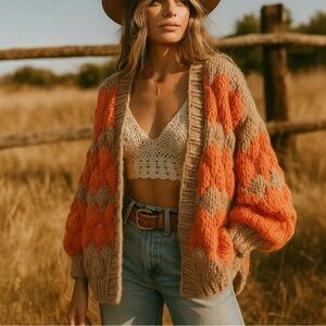 THE CASHMERE PROJECT Hand Knit Open Front Chunky Cardigan Sweater